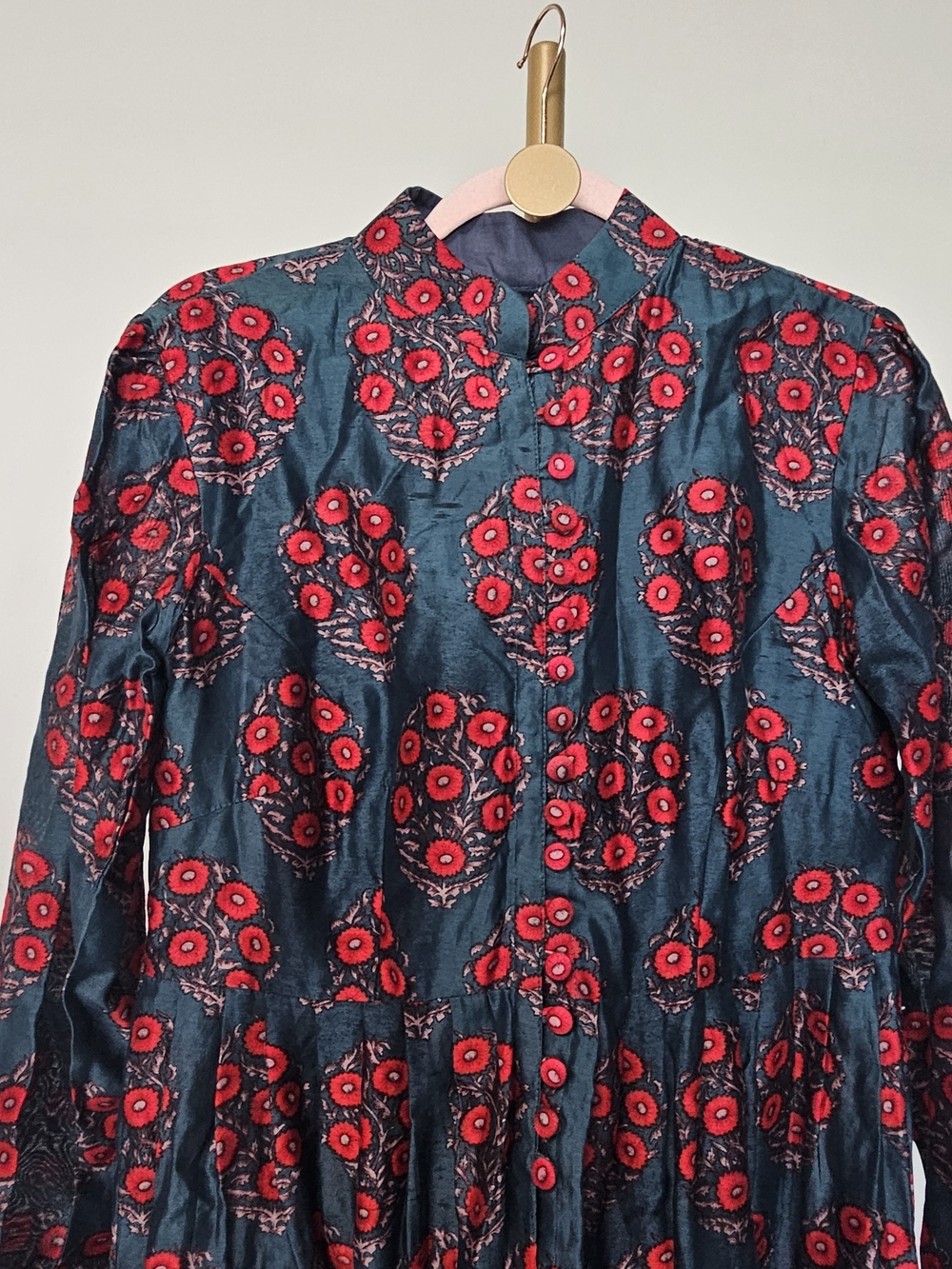 Vintage Teal Red Floral Satin Boho Maxi Dress Mandarin Collar Cottagecore - Picture 5 of 14